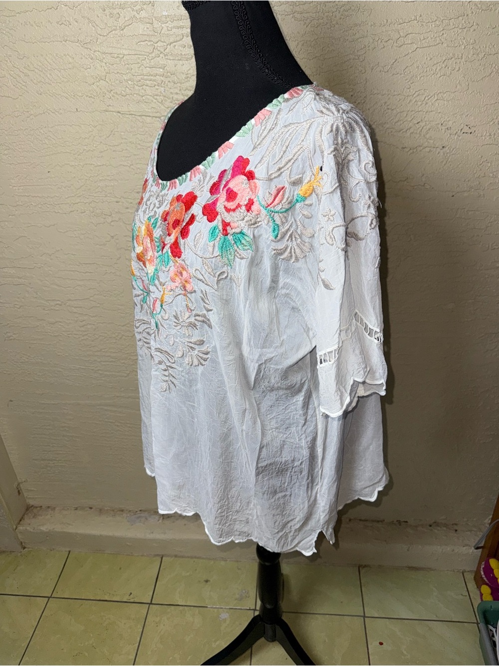 Johnny Was Boho Cottagecore Floral Embroidered Cupra Peasant Top 2XL - Picture 8 of 11